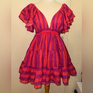 Erika pena vea valle pink purple Vibrant Striped tiered Ruffle mini dress O/S